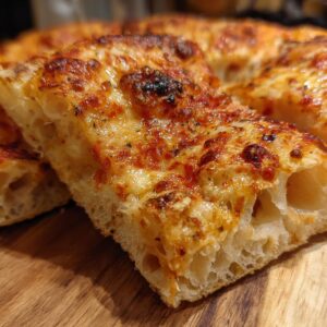 Close-up of a pizza slice made with two ingredient pizza dough, showing the crust and melted cheese.