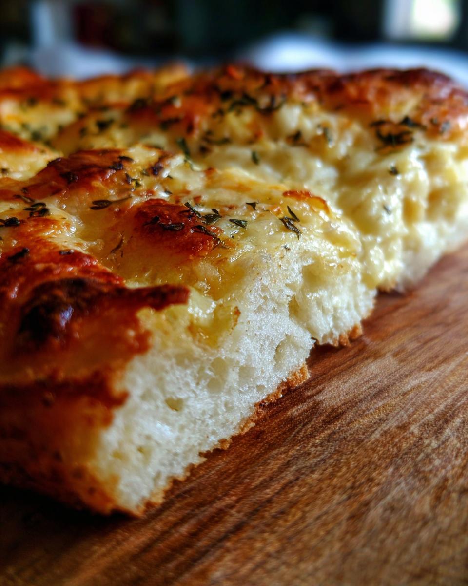A close-up of a slice of two ingredient pizza dough, showing the texture and cheesy topping.