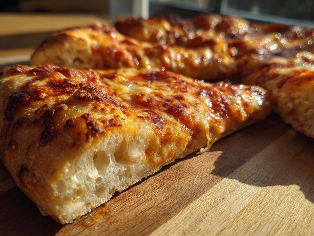 Close-up of a slice of pizza made with two ingredient pizza dough, showing the crust and melted cheese.