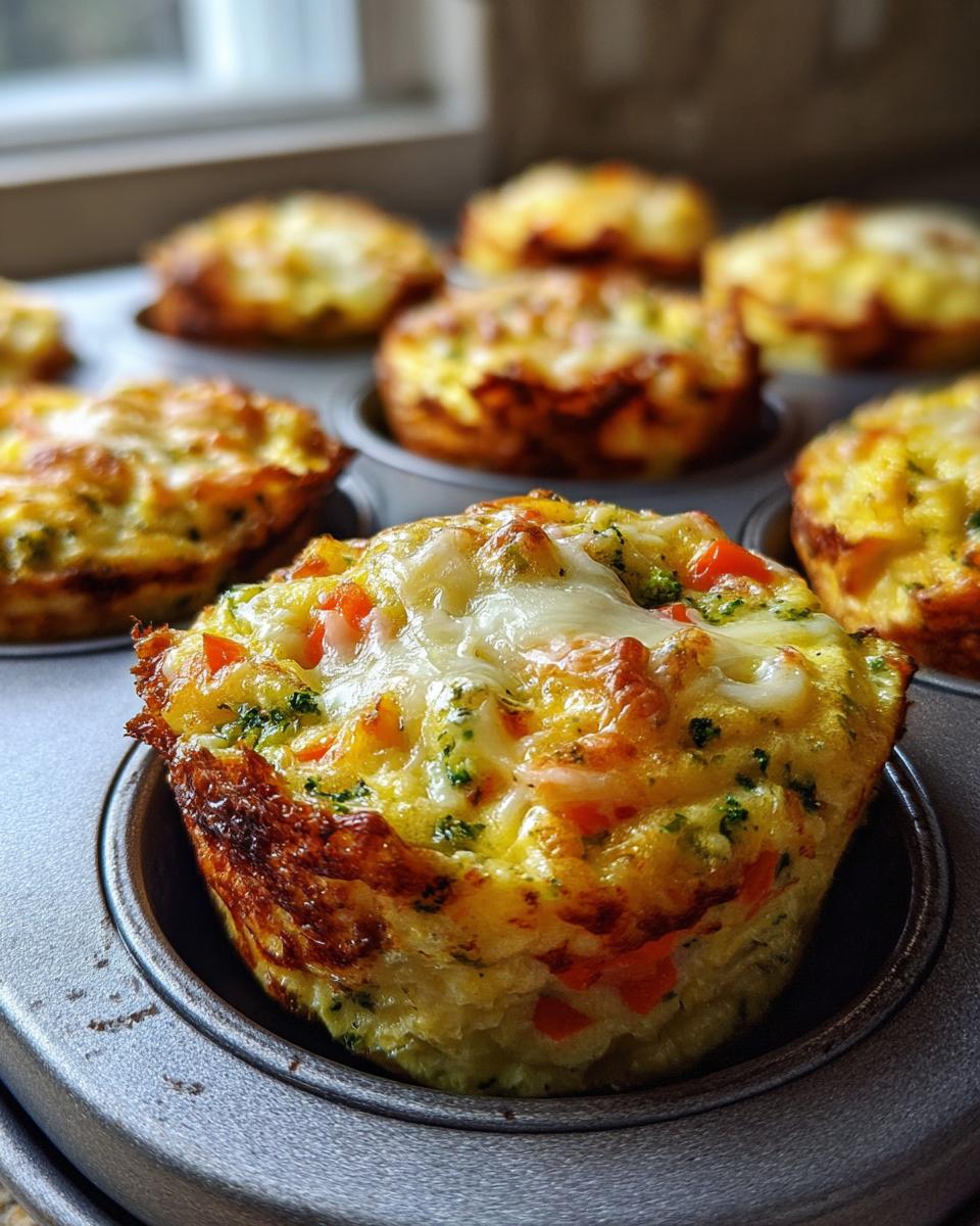 Close-up of veggie packed egg muffins in a muffin tin, showing visible vegetables and melted cheese.