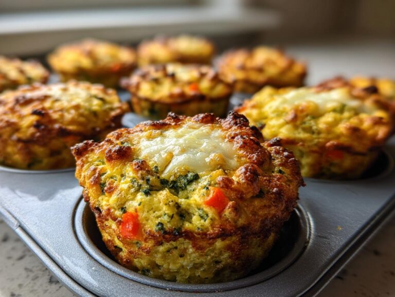 Close up of veggie packed egg muffins in a muffin tin, showing visible vegetables and melted cheese.