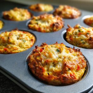 A muffin tin filled with freshly baked veggie packed egg muffins, topped with melted cheese.