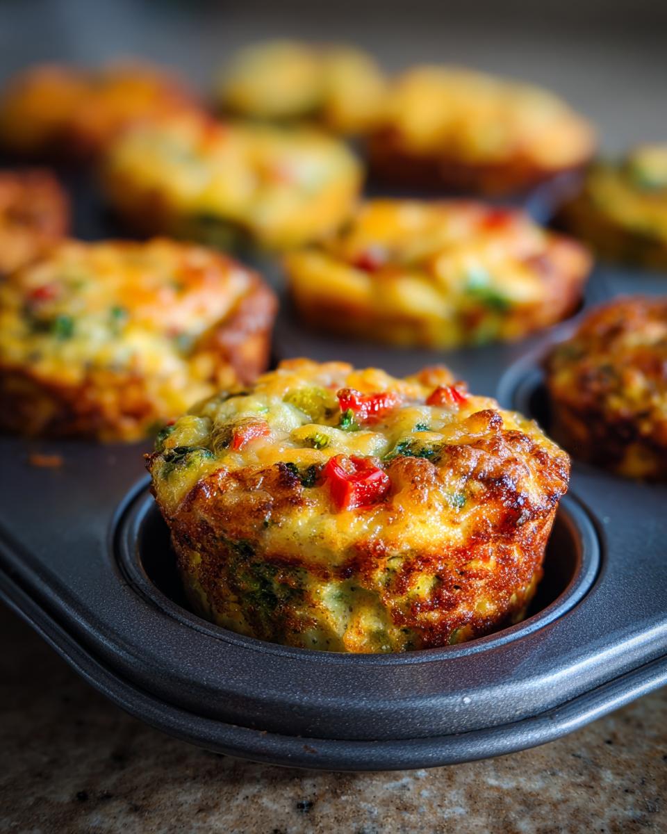 Close-up of veggie packed egg muffins in a muffin tin, showcasing colorful vegetables and golden-brown texture.