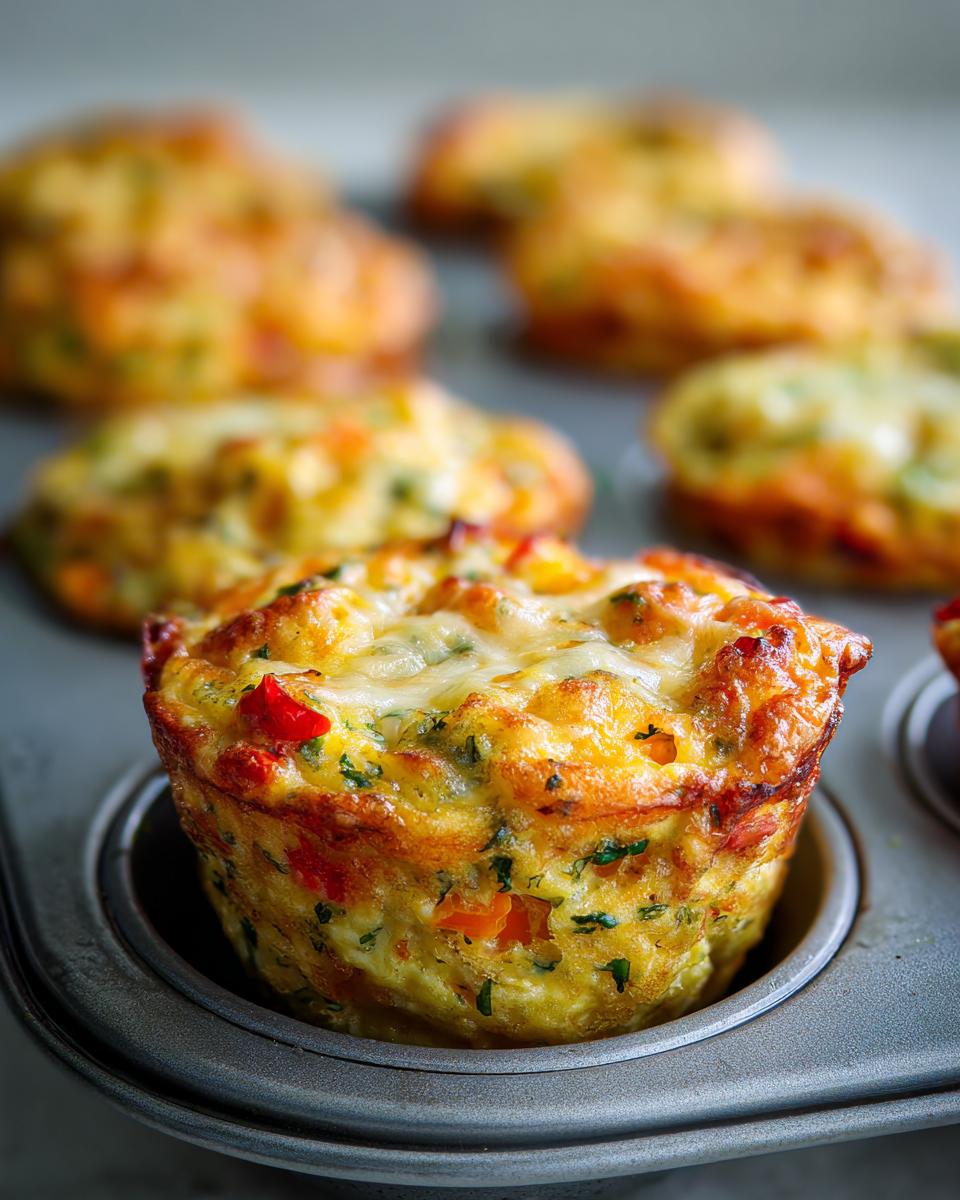 Close-up of veggie packed egg muffins in a muffin tin, showcasing colorful vegetables and a golden-brown top.