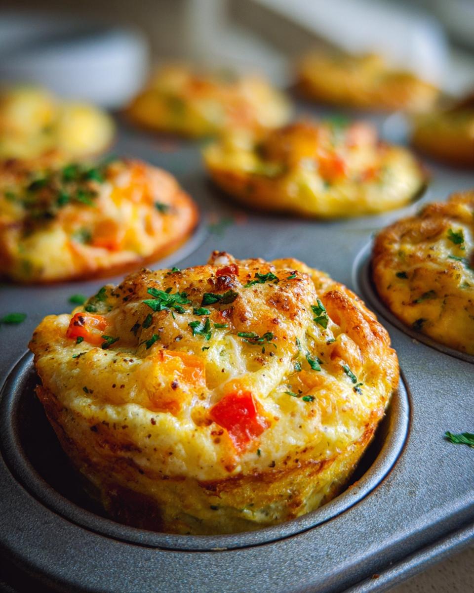 Close-up of veggie packed egg muffins in a muffin tin, garnished with fresh herbs.