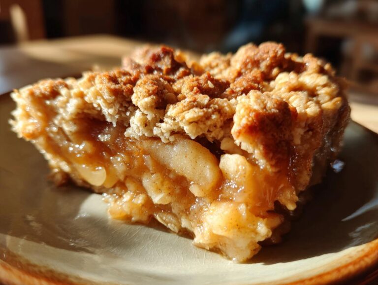 A close-up of a slice of apple crumble, showcasing the apple filling and crumbly topping.