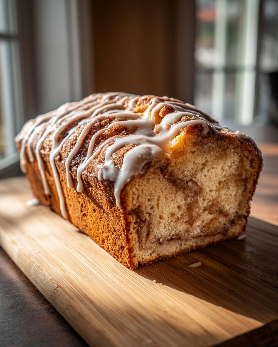 Delicious Apple Fritter Bread loaf with icing, sitting on a wooden cutting board.