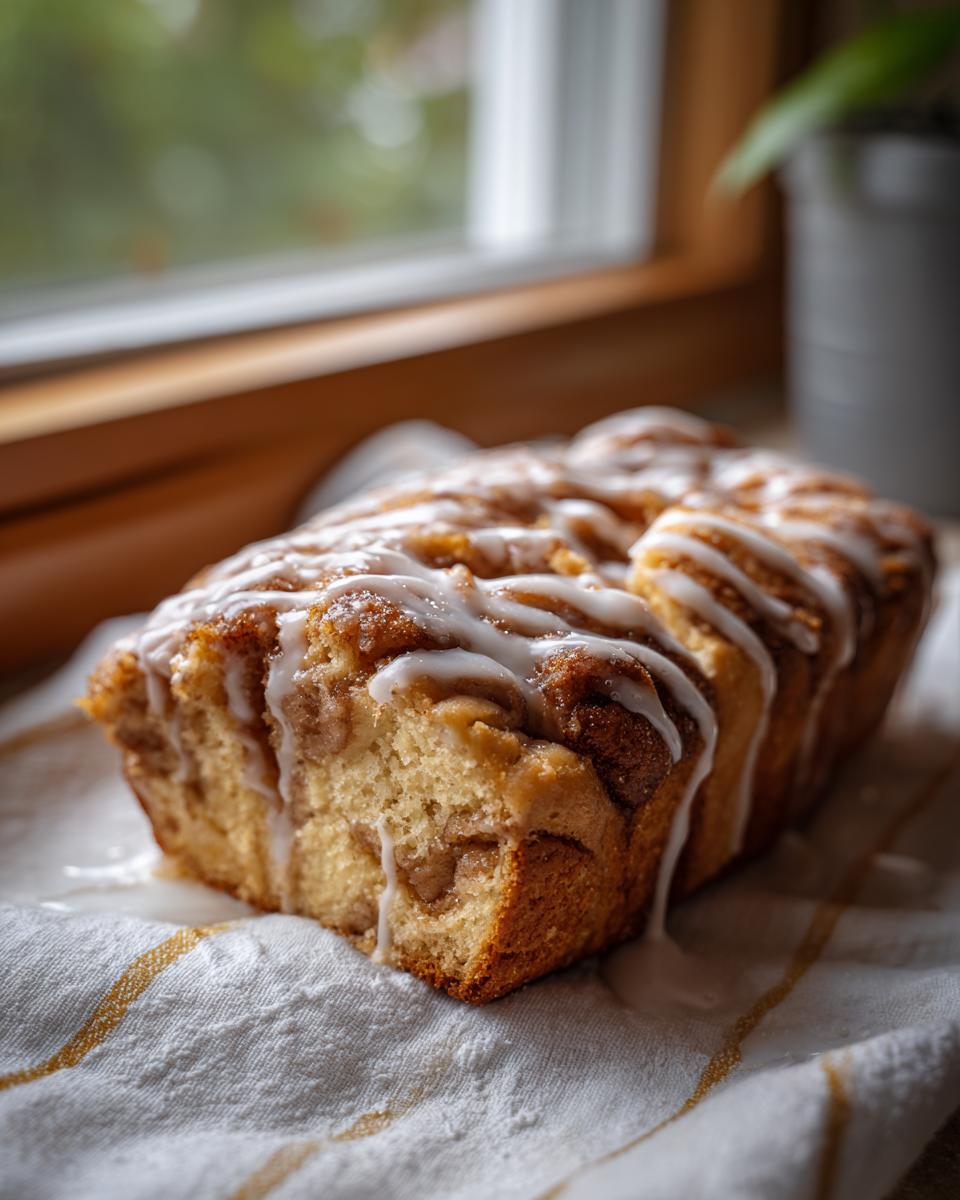 Close-up of a loaf of Apple Fritter Bread with a sweet icing drizzle, sitting on a striped cloth.