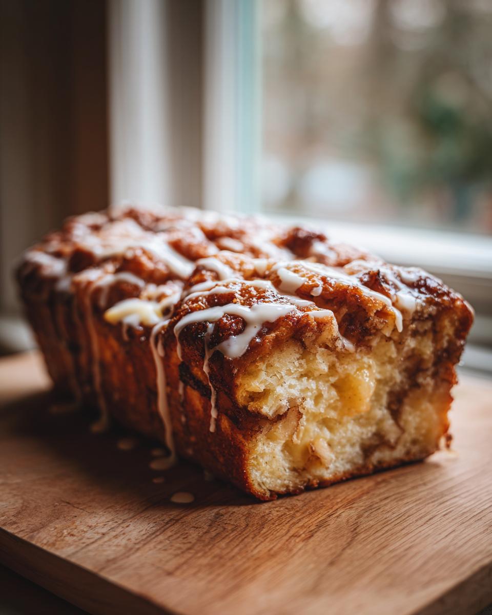 Close-up of a glazed Apple Fritter Bread loaf on a wooden board, showing the apple filling.