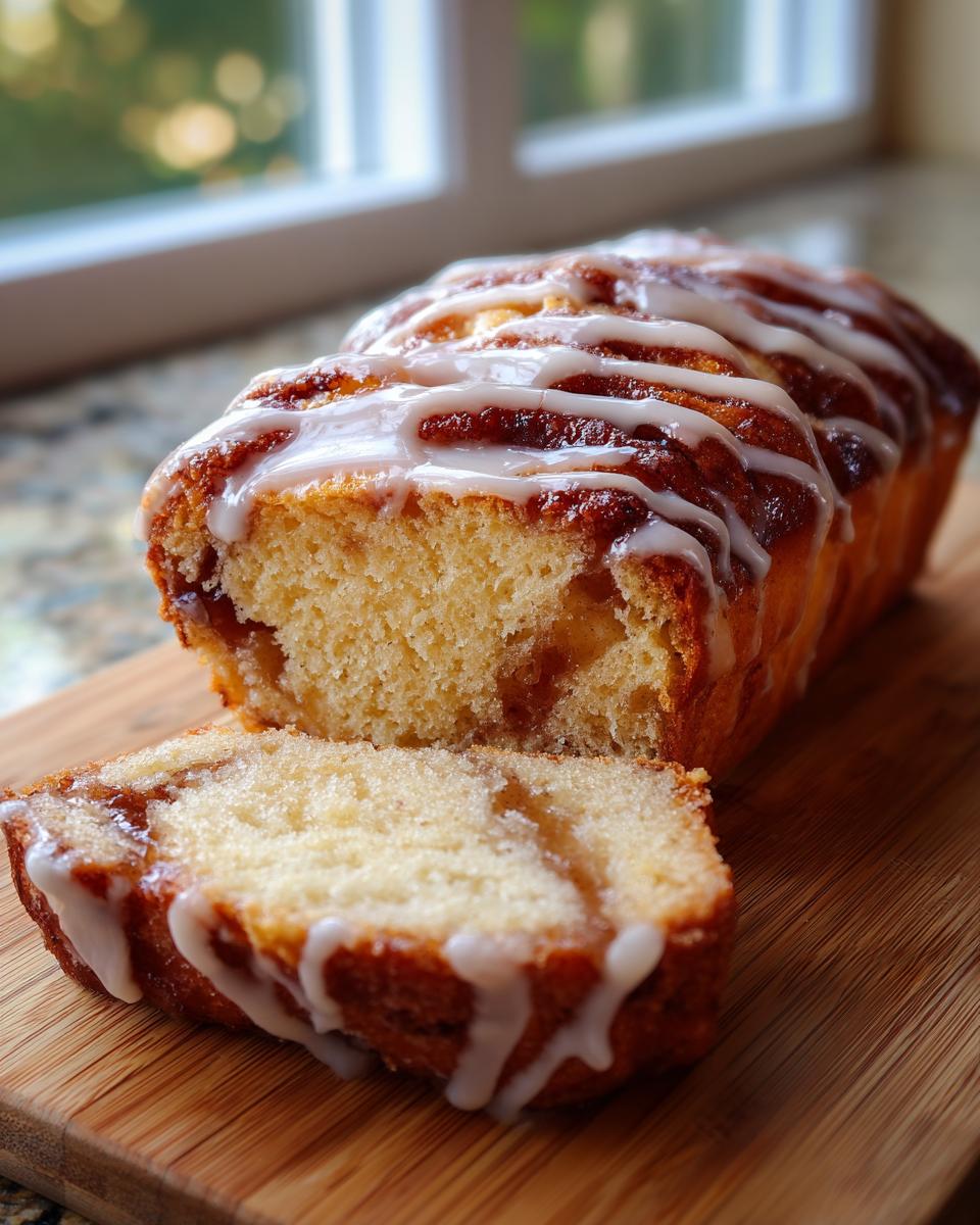 A sliced loaf of Apple Fritter Bread with icing on a wooden cutting board.