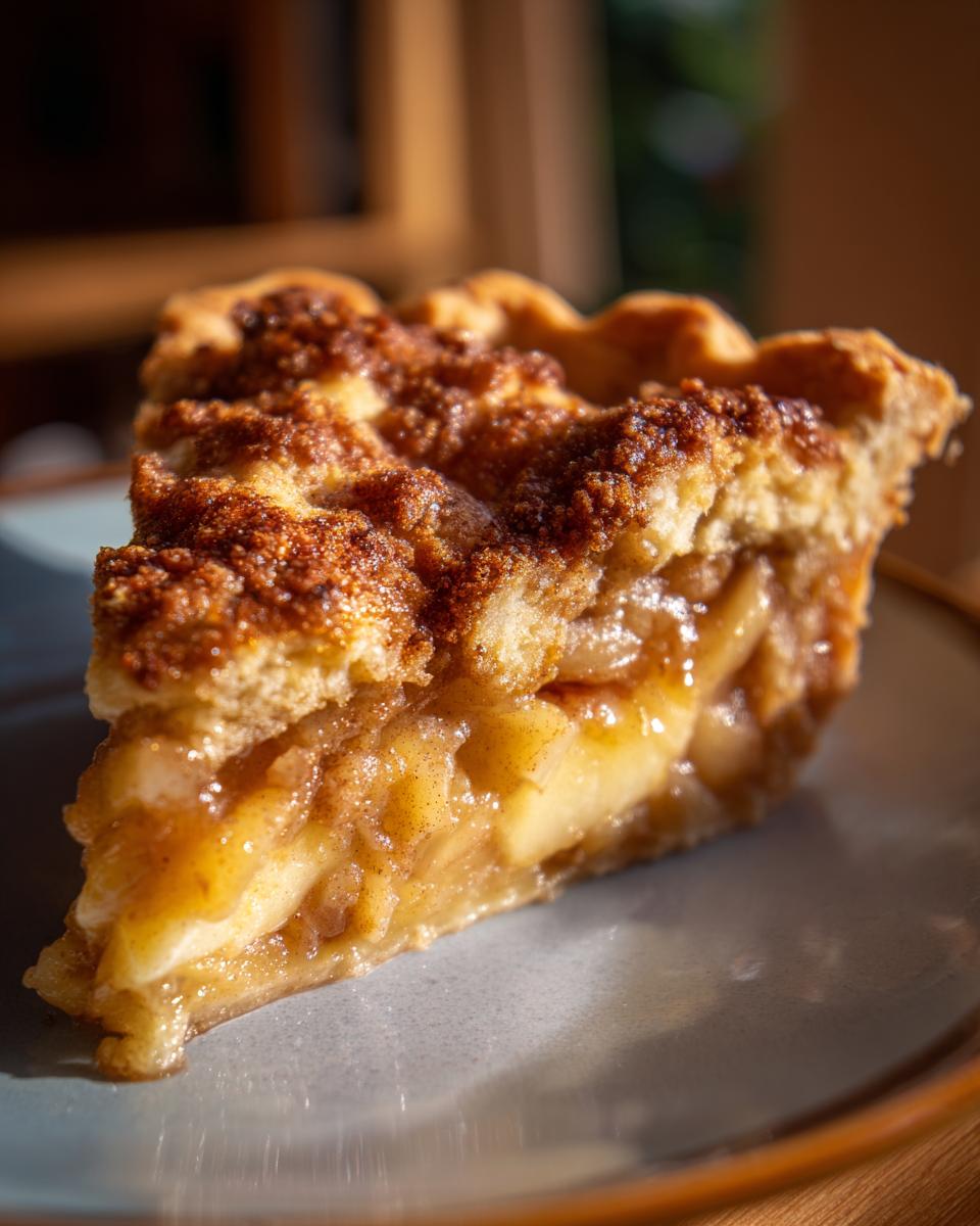 A delicious slice of apple pie dump cake with a golden crust and apple filling.