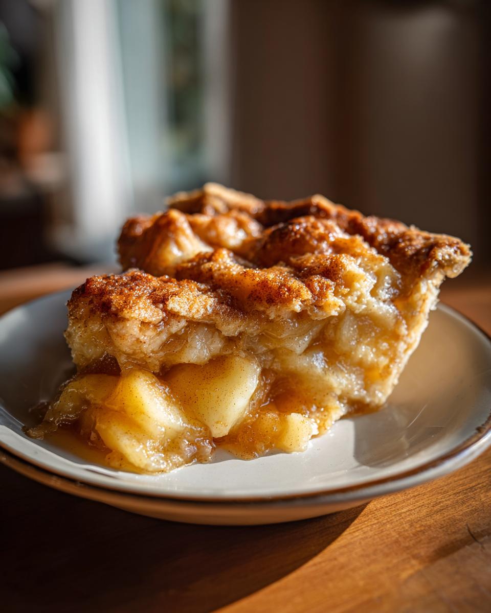 A delicious slice of apple pie dump cake on a plate, showcasing the apple filling and golden crust.