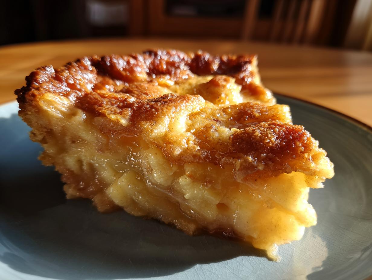 A slice of apple pie dump cake on a blue plate, showing the apple filling and golden crust.