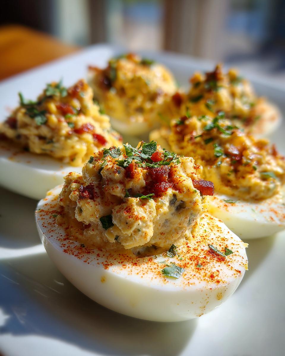 Close-up of Bacon Jalapeño Deviled Eggs on a white plate, garnished with bacon, paprika, and parsley.