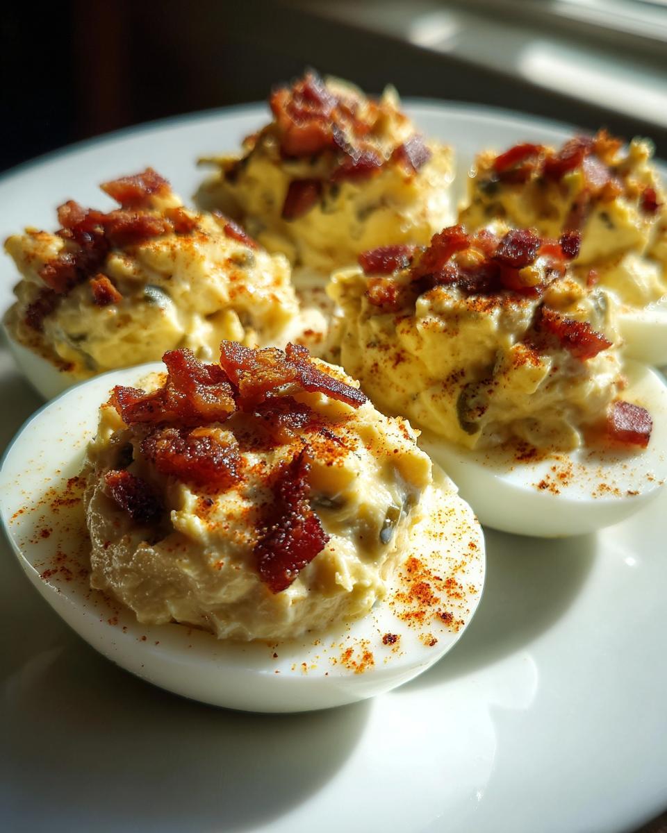 Close-up of Bacon Jalapeño Deviled Eggs on a white plate, topped with crispy bacon and a sprinkle of paprika.
