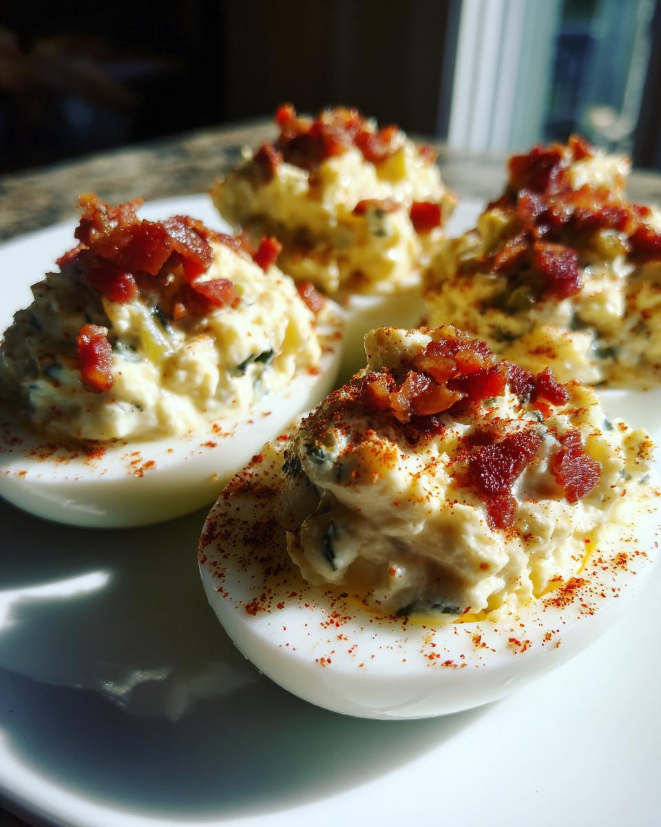 Four Bacon Jalapeño Deviled Eggs on a white plate, sprinkled with paprika and bacon bits.