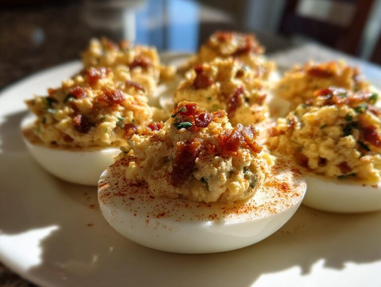 A plate of Bacon Jalapeño Deviled Eggs, topped with bacon bits and a sprinkle of paprika.