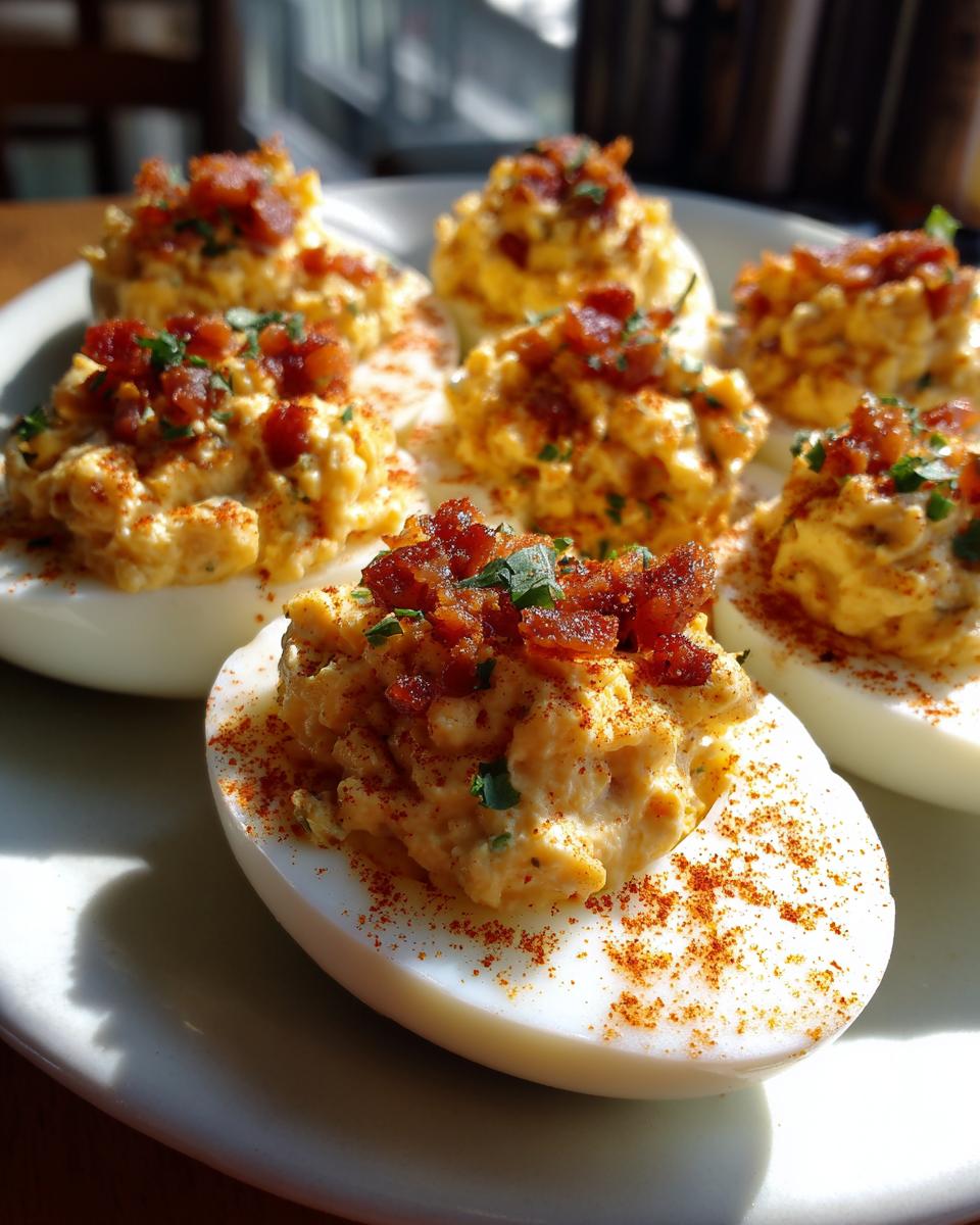 A platter of Bacon Jalapeño Deviled Eggs, topped with crispy bacon and fresh herbs.