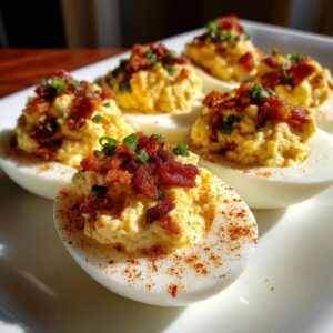 A platter of Bacon Jalapeño Deviled Eggs, topped with crispy bacon and fresh chives.