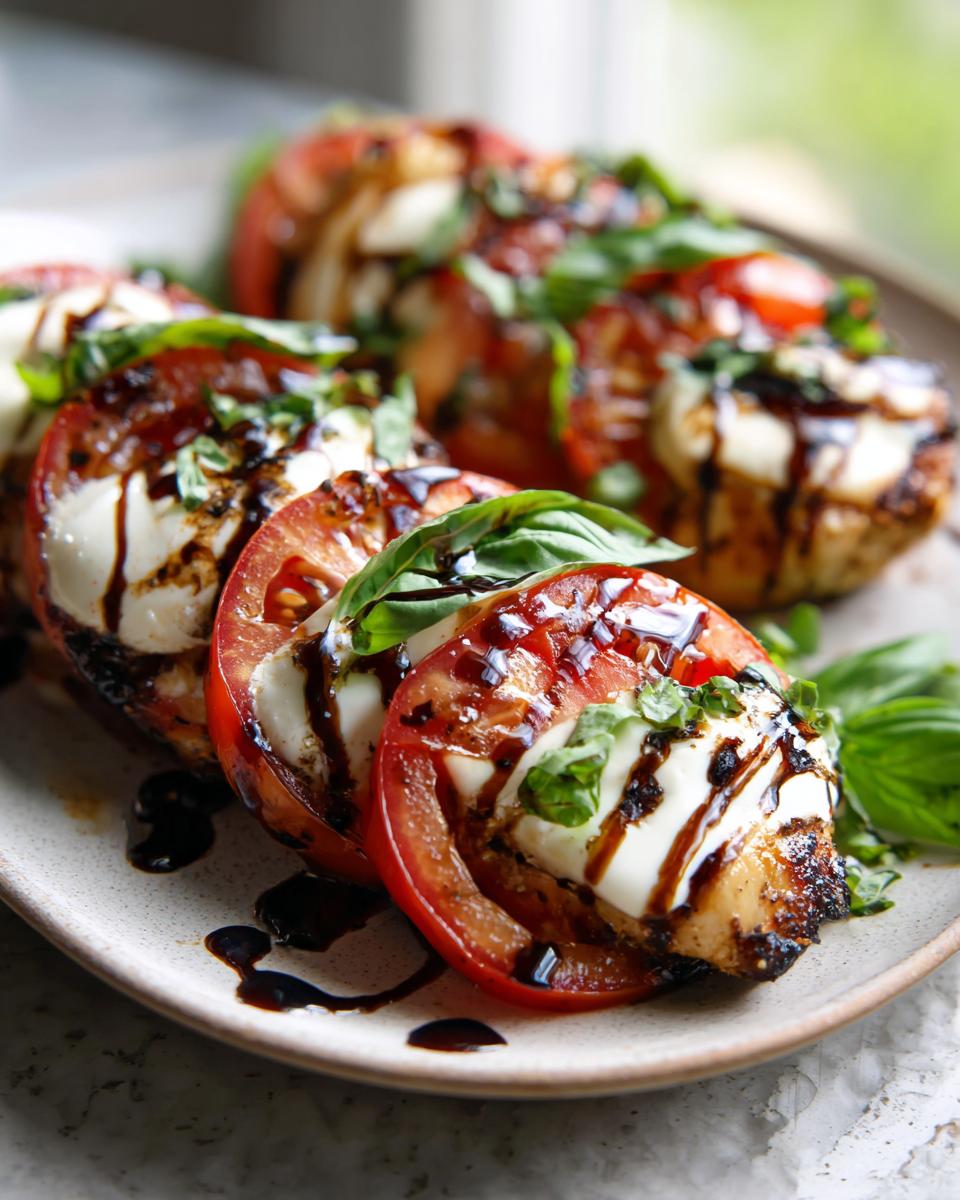 Close-up of Balsamic Caprese Chicken featuring grilled chicken, tomatoes, mozzarella, basil, and balsamic glaze.