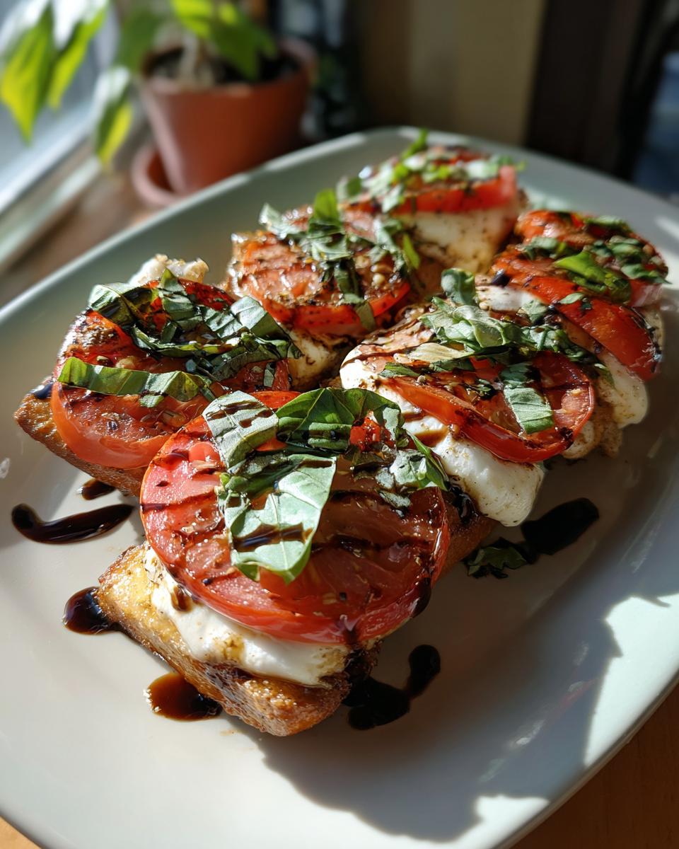 Close-up of Balsamic Caprese Chicken appetizers with tomatoes, mozzarella, basil, and balsamic glaze.