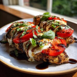 Close-up of Balsamic Caprese Chicken featuring juicy tomatoes, mozzarella, basil, and balsamic glaze.
