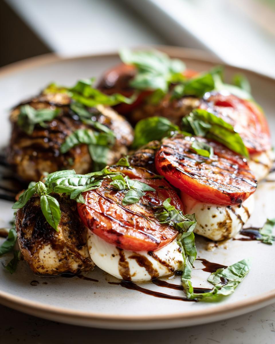Close-up of Balsamic Caprese Chicken featuring grilled chicken, tomatoes, mozzarella, basil, and balsamic glaze.