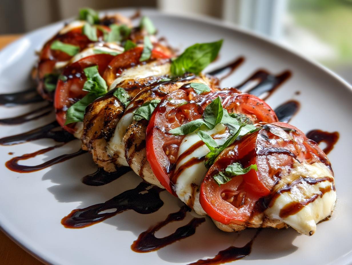 Balsamic Caprese Chicken featuring grilled chicken, mozzarella, tomatoes, basil, and balsamic glaze.