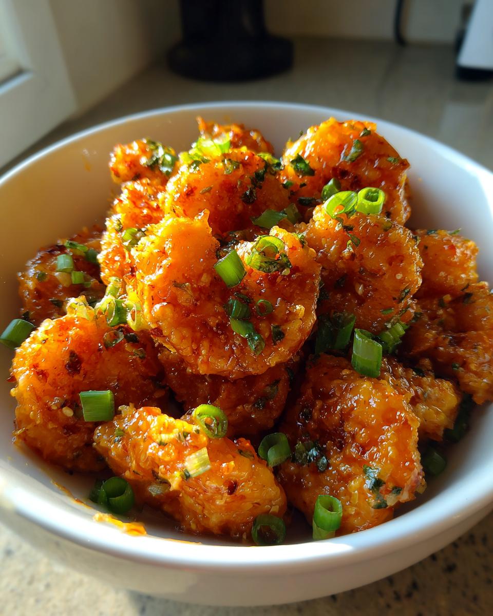 A bowl of golden, crispy Bang Bang Shrimp, garnished with fresh green onions and herbs.