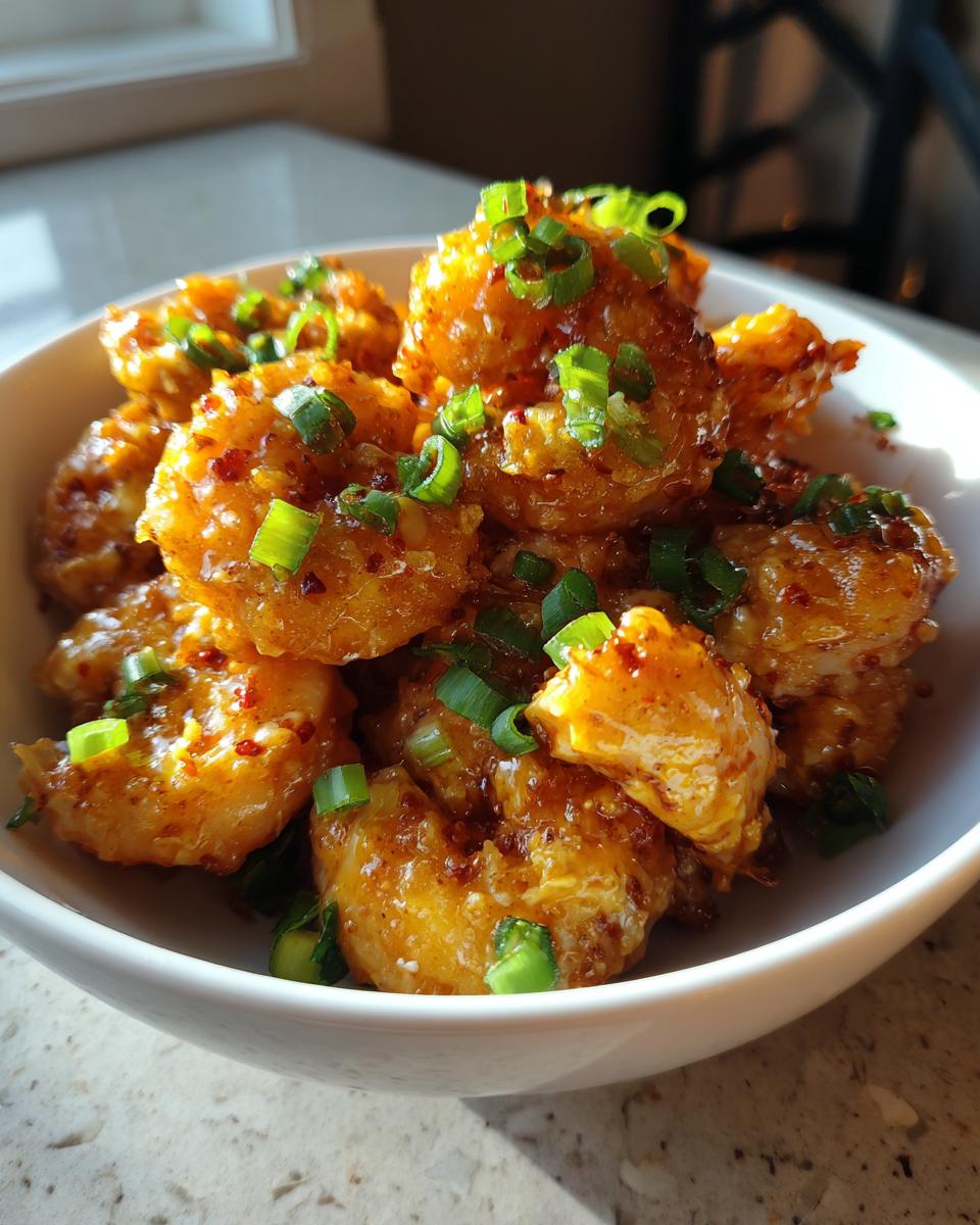 A bowl of golden Bang Bang Shrimp, coated in sauce and garnished with fresh green onions.