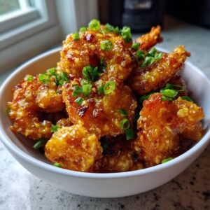 A bowl of crispy Bang Bang Shrimp, coated in sauce and garnished with fresh green onions.