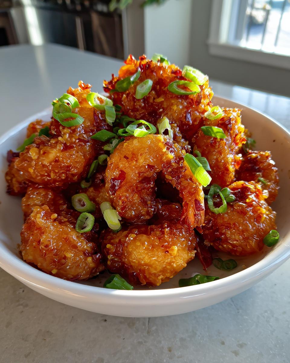 A bowl of crispy Bang Bang Shrimp, coated in sauce and garnished with green onions.