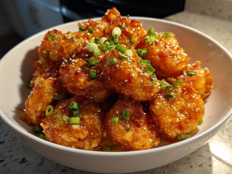 A bowl of crispy Bang Bang Shrimp, garnished with green onions and sesame seeds.