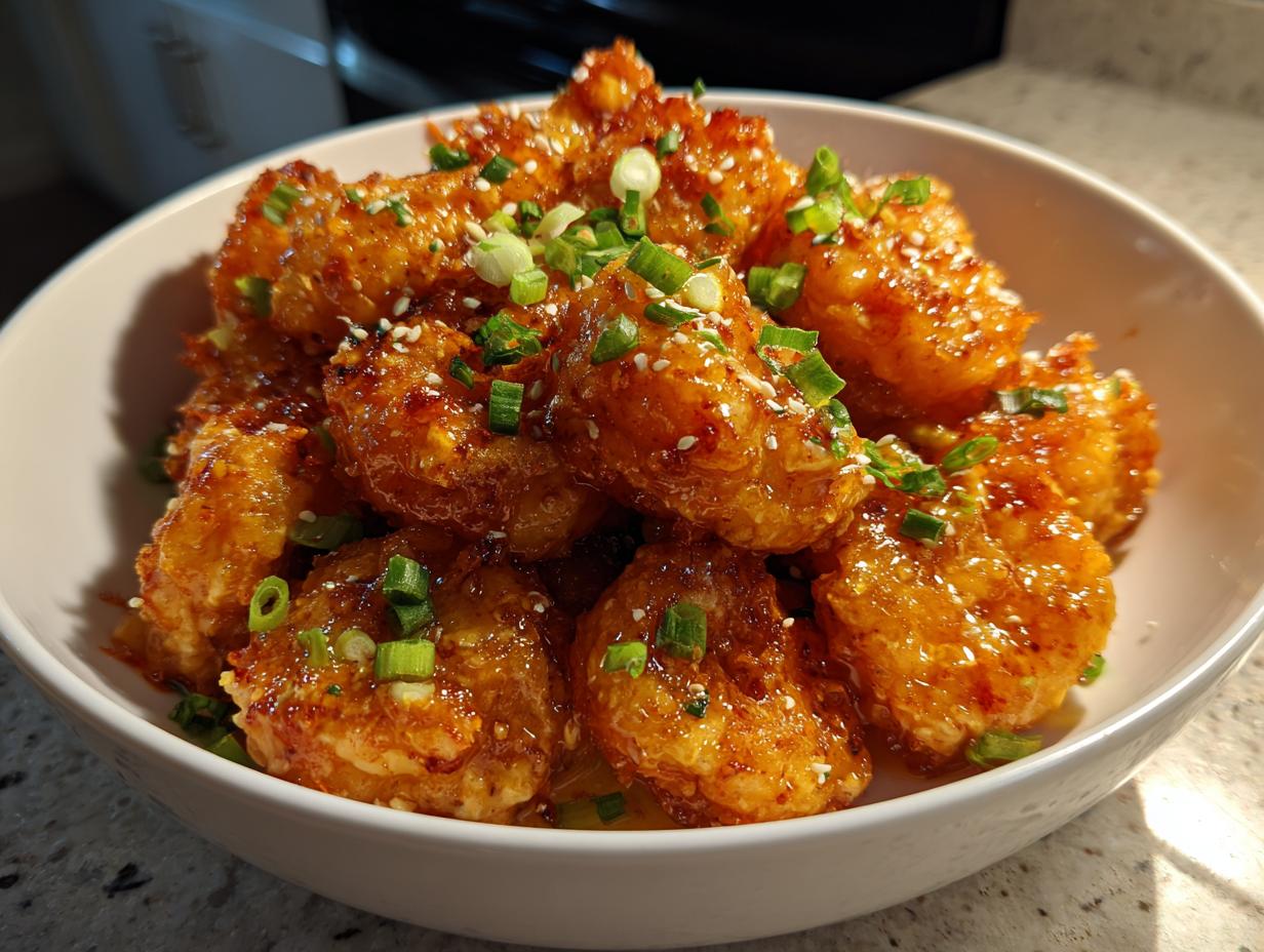 A bowl of crispy Bang Bang Shrimp, garnished with green onions and sesame seeds.