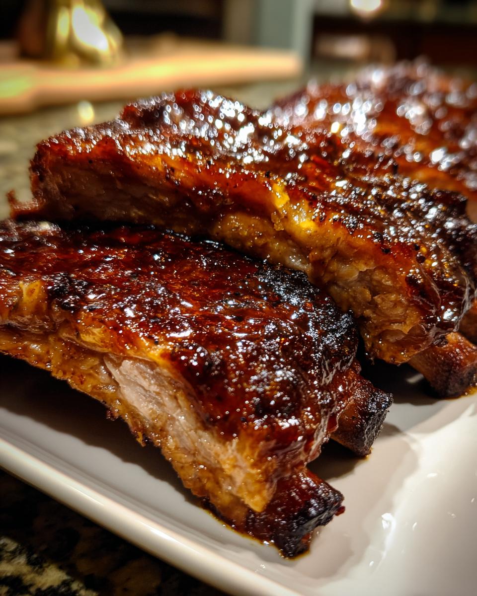Close-up of glazed BBQ Baby Back Ribs on a white plate, showcasing the tender meat and rich sauce.