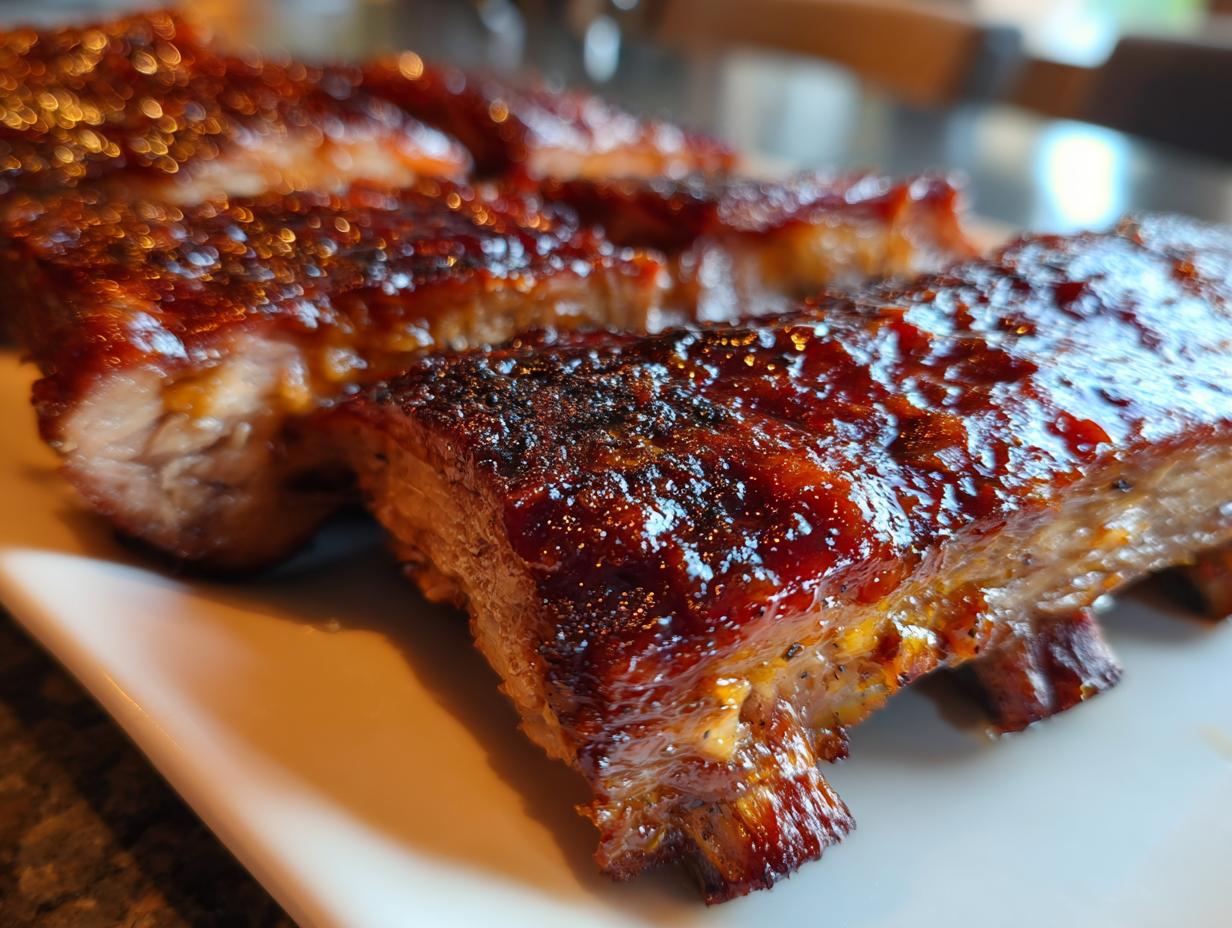 Close-up of glazed BBQ Baby Back Ribs on a white plate, showing the tender meat and caramelized sauce.
