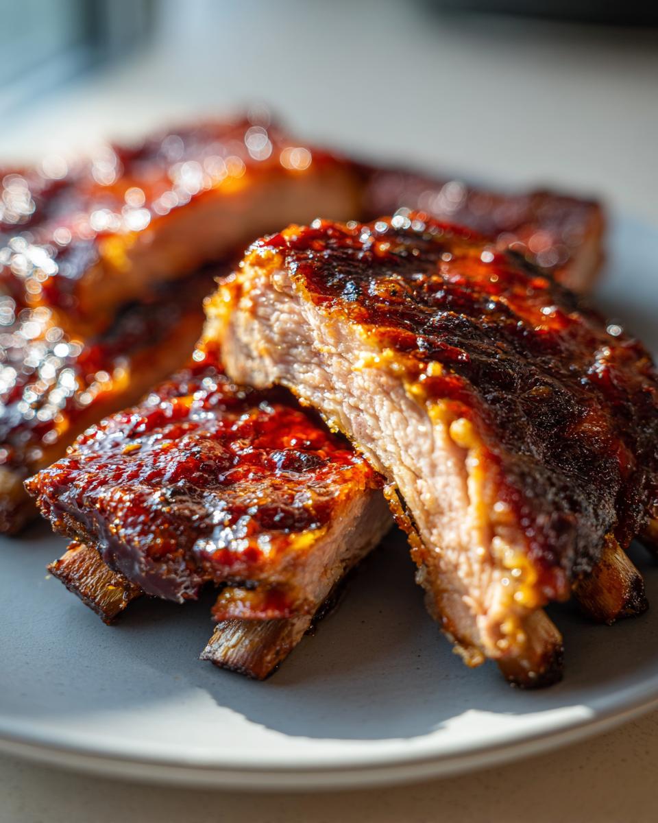 Close-up of glazed BBQ Baby Back Ribs stacked on a plate, showcasing the tender meat and rich sauce.