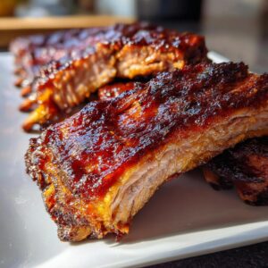 Close-up of BBQ Baby Back Ribs with a glistening sauce on a white plate.