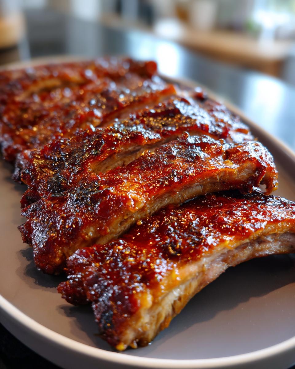 A close-up of glazed BBQ Baby Back Ribs on a gray platter, showcasing their juicy texture and rich color.