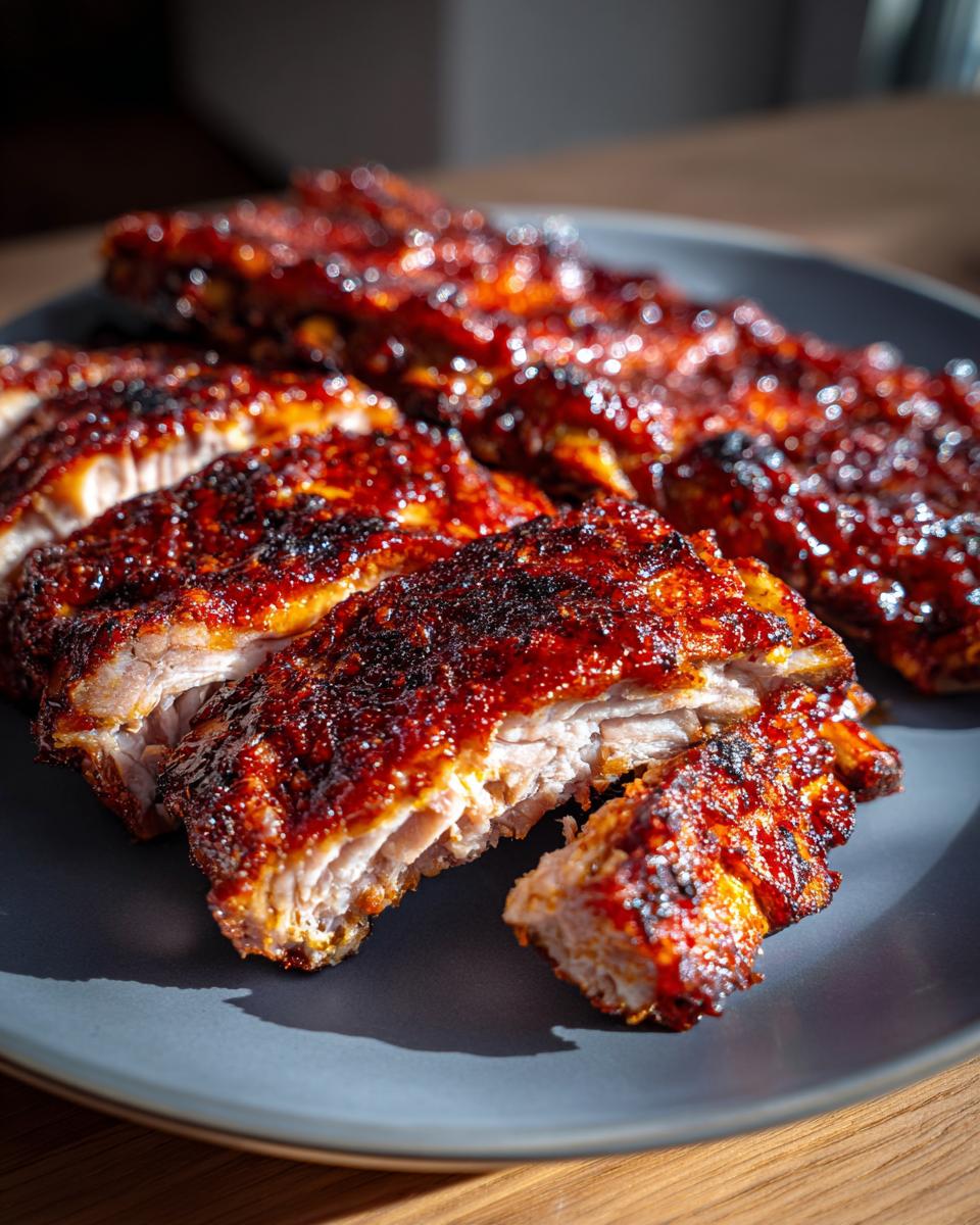 Close-up of sliced BBQ Baby Back Ribs on a gray plate, glistening with sauce.