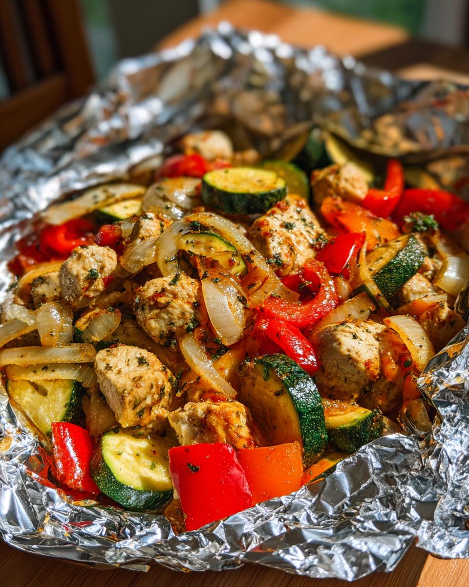 Close-up of BBQ Chicken Foil Packets with chicken, zucchini, onions, and red peppers.