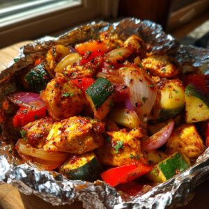 Close-up of BBQ Chicken Foil Packets with chicken, zucchini, peppers, and onions in foil.