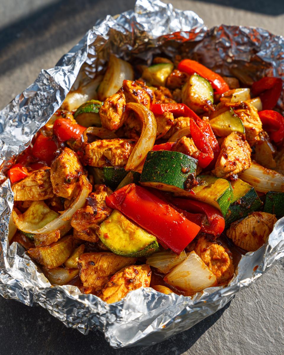 Close-up of BBQ Chicken Foil Packets with chicken, zucchini, peppers, and onions in foil.