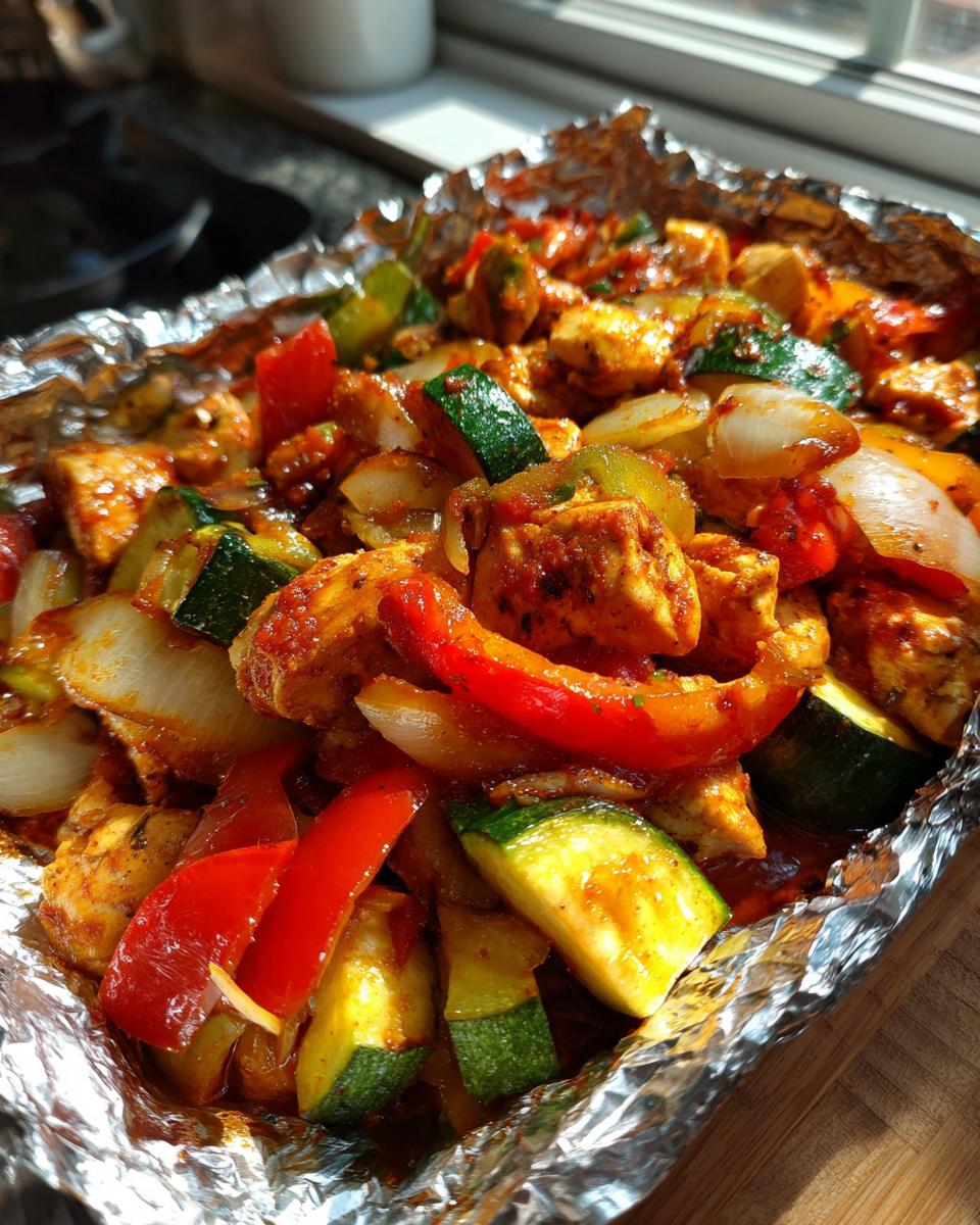 Close-up of BBQ Chicken Foil Packets with zucchini, peppers, and onions in foil.