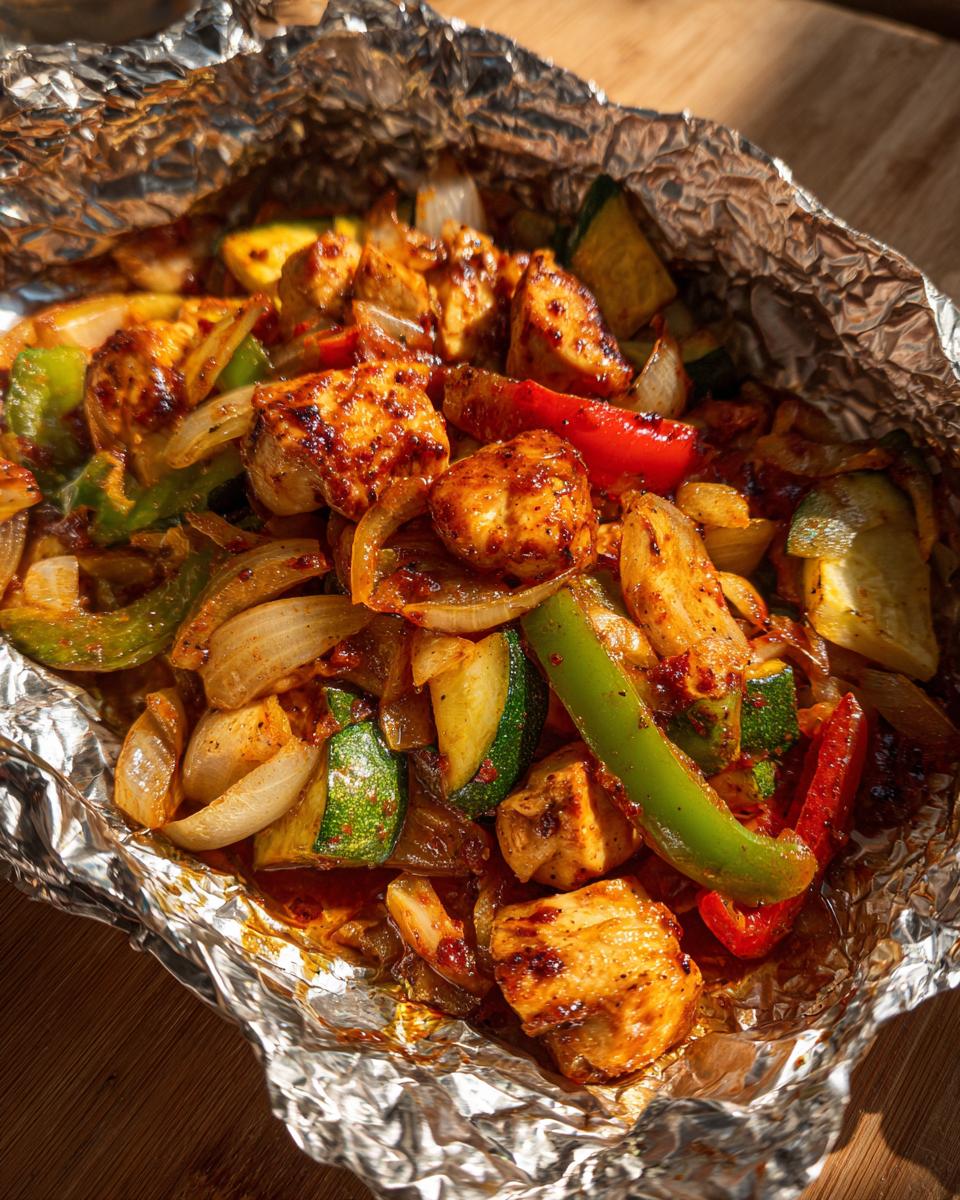 Close-up of BBQ Chicken Foil Packets with chicken, zucchini, peppers, and onions in foil.