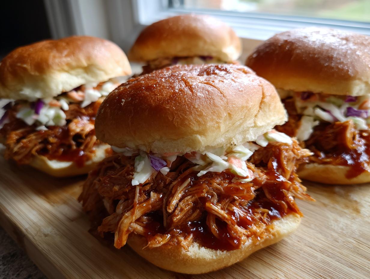 Four BBQ Pulled Pork Sliders topped with coleslaw on a wooden board, ready to eat.