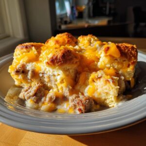 A slice of cheesy Biscuits and Gravy Casserole with biscuits, sausage gravy, and melted cheddar cheese.