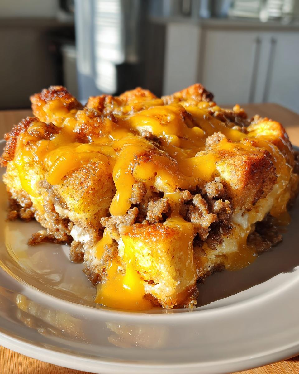 A slice of biscuits and gravy casserole on a plate, featuring layers of biscuit, gravy, and sausage.