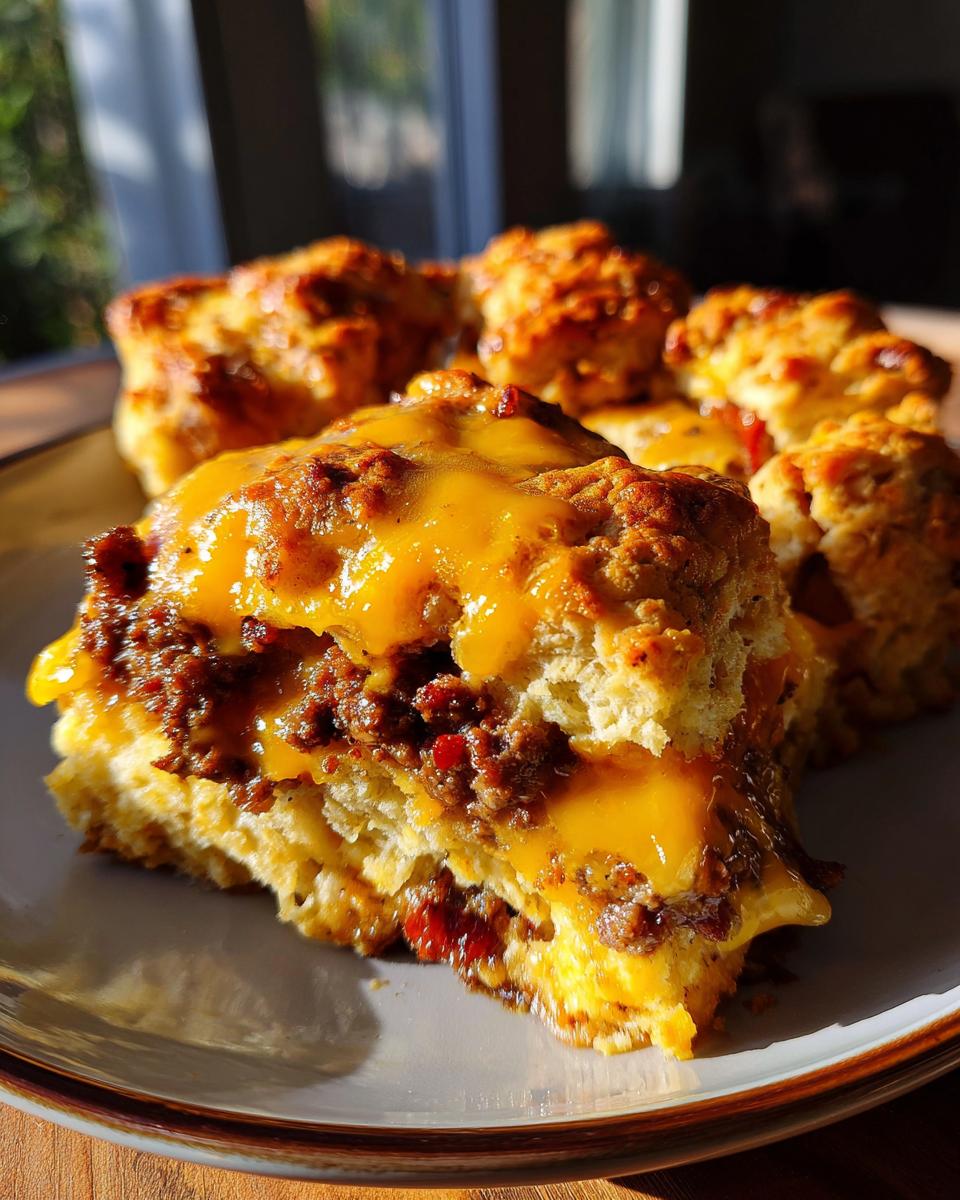 A slice of Biscuits and Gravy Casserole with visible layers of biscuit, gravy, and melted cheese.