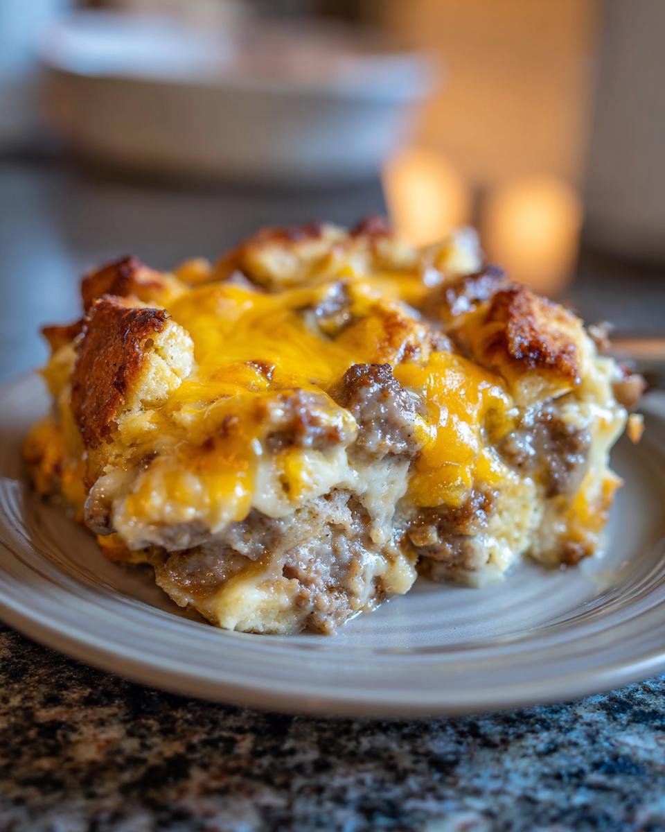 A slice of Biscuits and Gravy Casserole with visible layers of biscuits, gravy, sausage, and melted cheese.